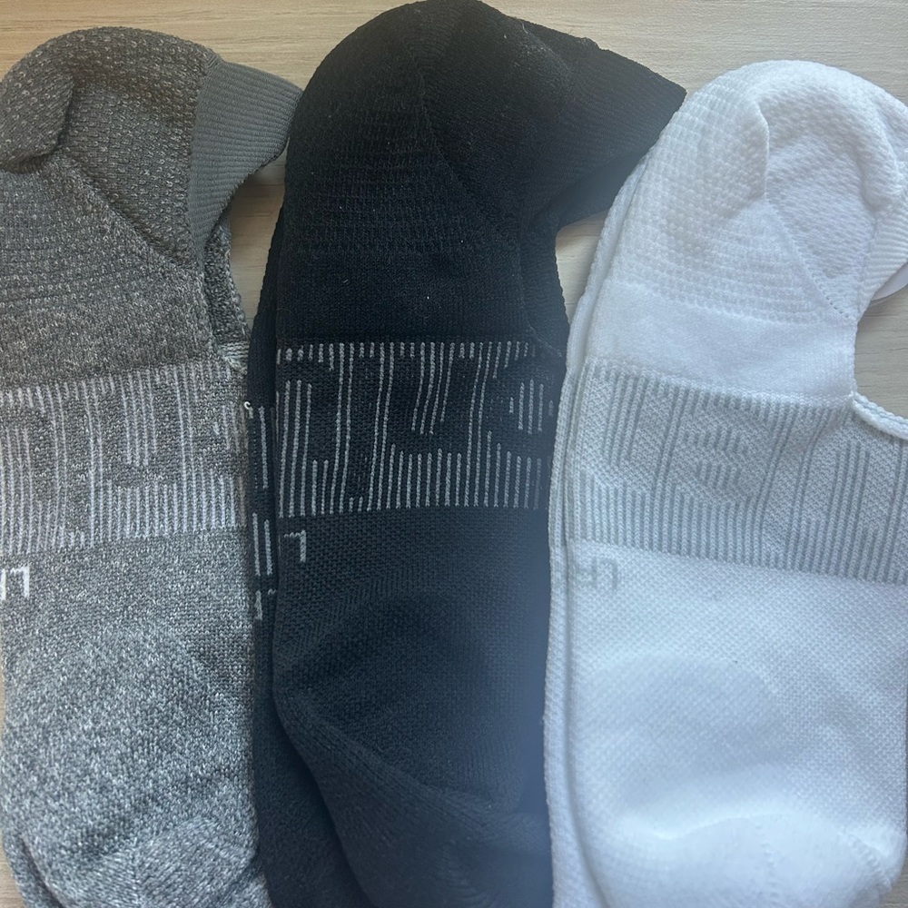 Lululemon Power Stride No Show Socks- Black, Gray, and White